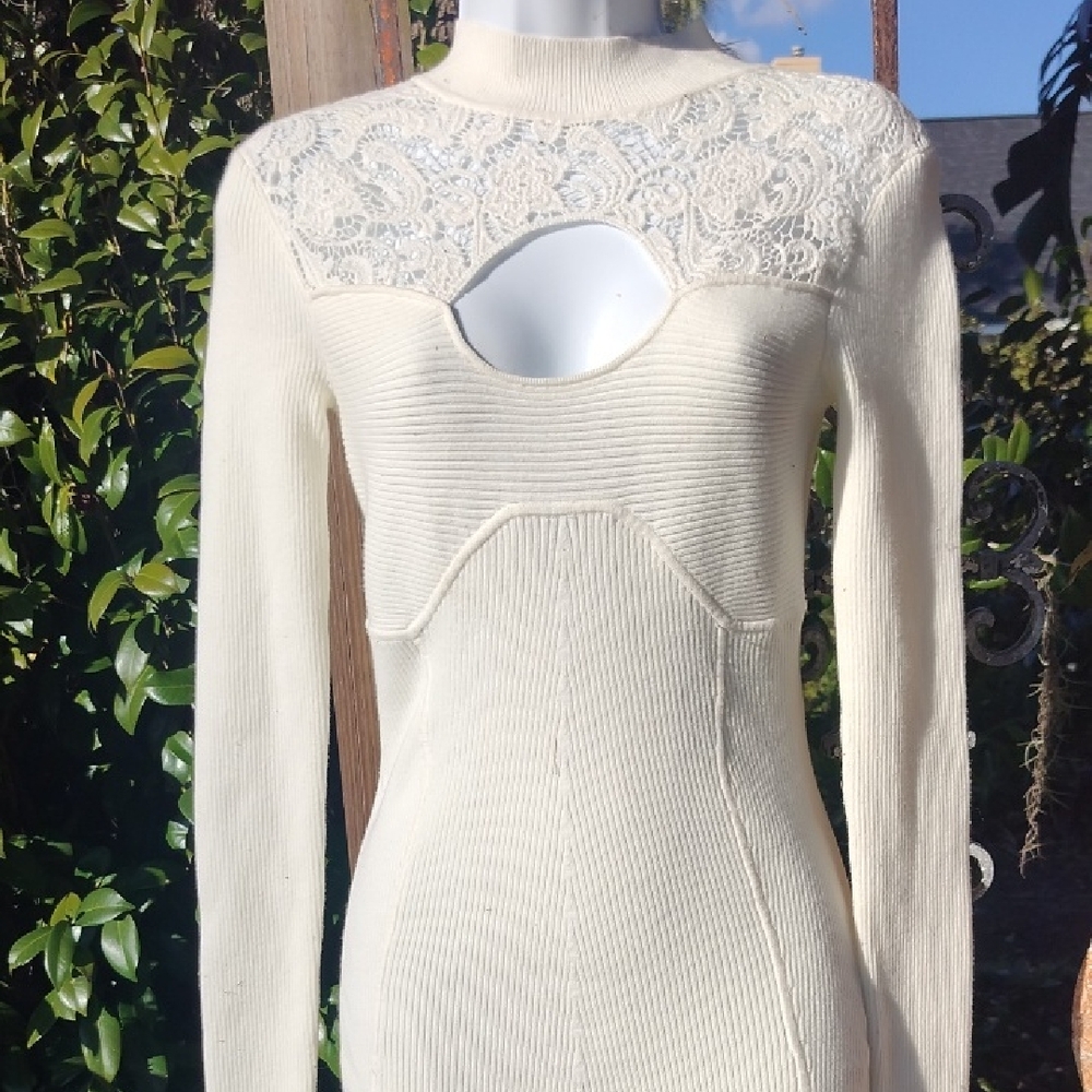 Boston Proper Small Super Sexy Long Sleeve Ribbed Lace Trimmed Top